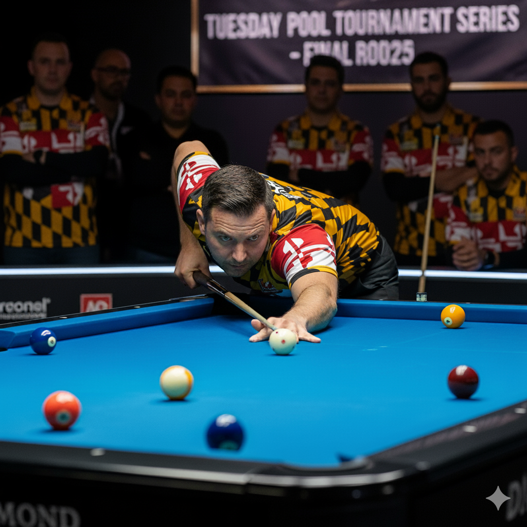 Billiards player in a red shirt lining up a shot on a pool table during a tournament.